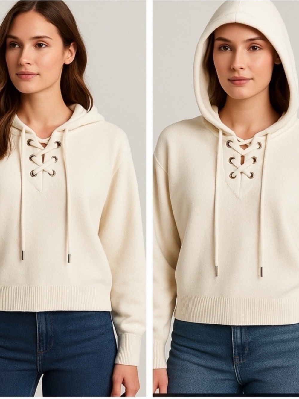 Philosophy Lace-Up Hooded Cream Sweater